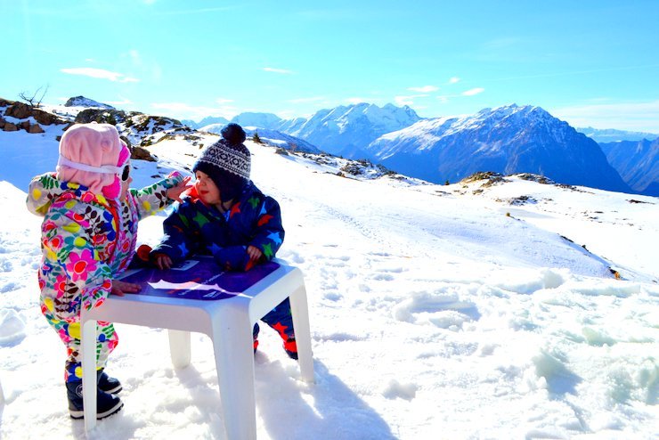 Toddlers up a mountain, Vaujany France, ski holiday