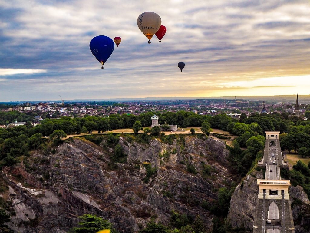 Clifton Observatory, Clifton Suspensions Bridge and hot air balloons