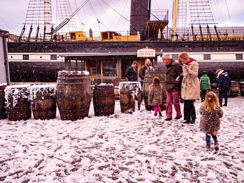 Playing in the snow at Brunel's SS Great Britain