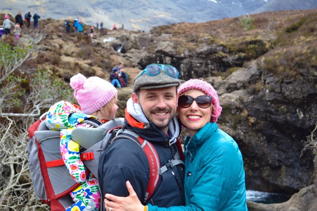 hiking with the osprey baby carrier on the isle of skye, fairy pools