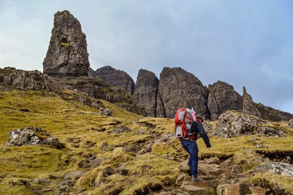 hiking the isle of skye old man of storr with the osprey toddler carrier backpack