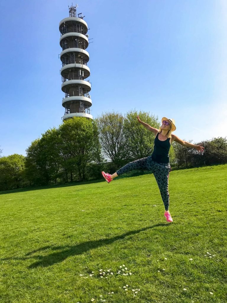 Angharad Paull in front of Purdown BT Tower, Bristol