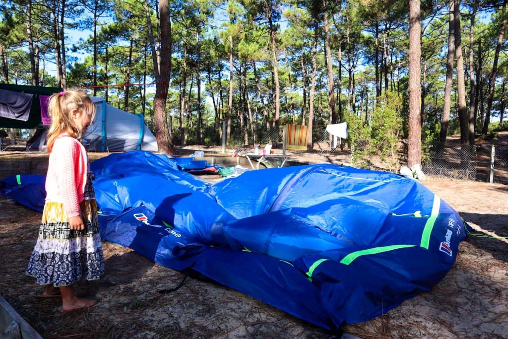 Inflating the Berghaus Air 8 tent on a French campsite