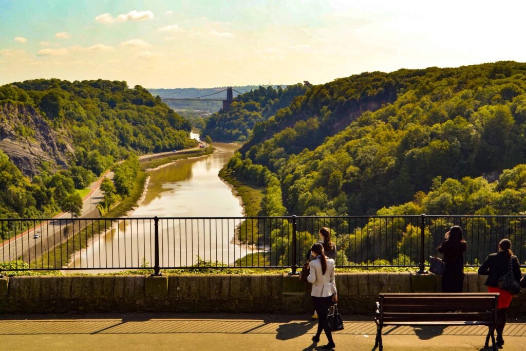 Clifton suspension Bridge from the downs, sea walls end