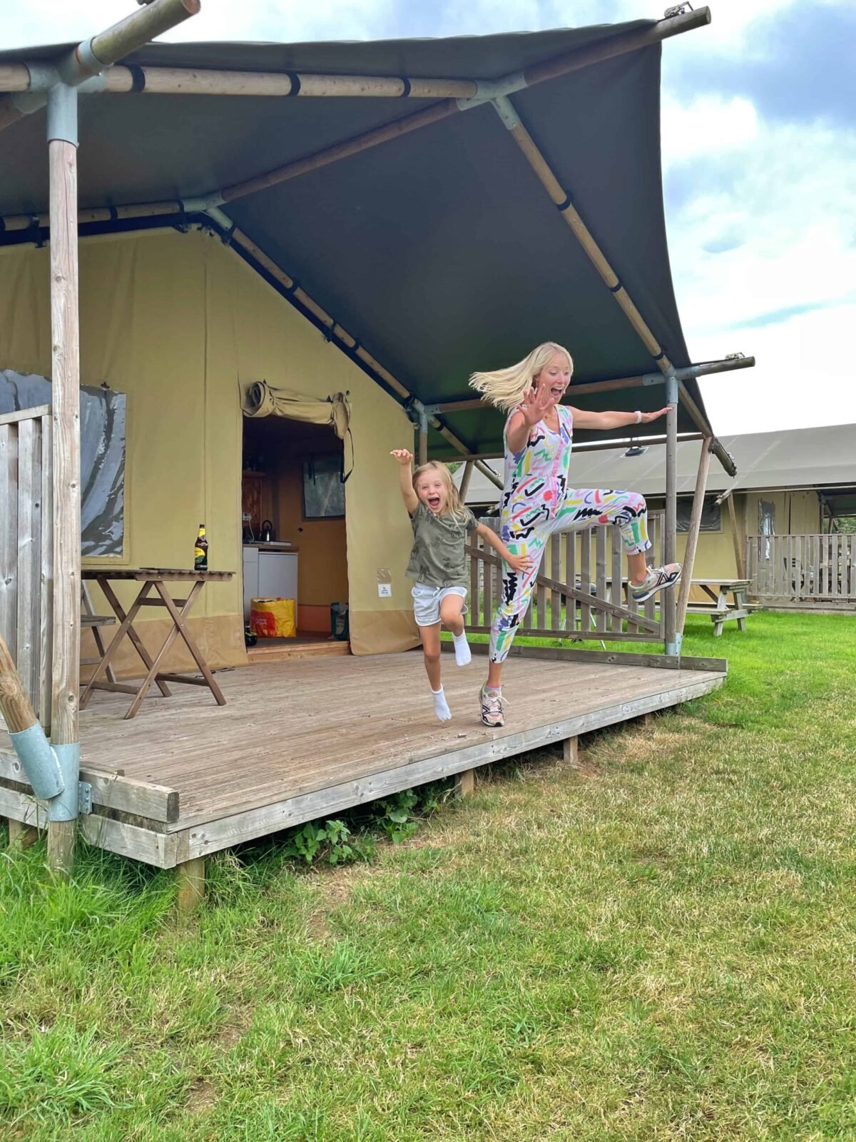 Leaping off the veranda at Somerset yurts